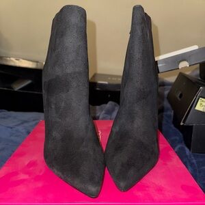 Black, suede, boots/heels, with gold embellishment.